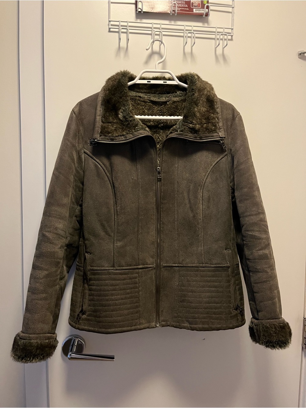 Danier Olive/Brown Suede Faux-Shearling Trim Jacket